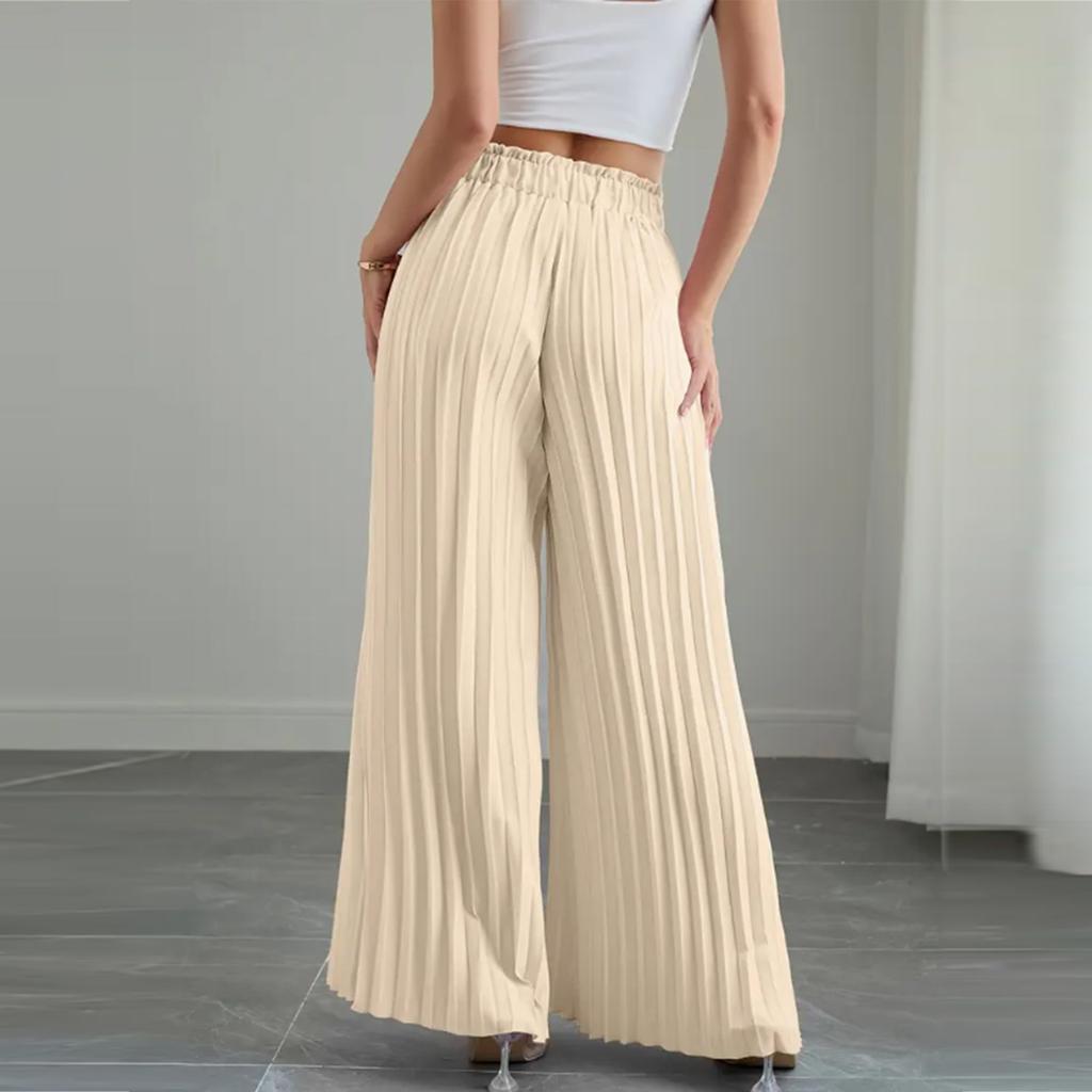 Women's Color Pleated Elastic Waist Tie Loose Wide-leg Pants