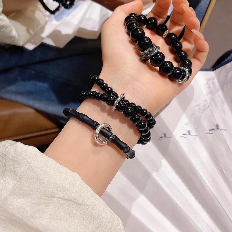 New Chinese retro black safety buckle bracelet women's double circle beaded bracelet couple same hand
