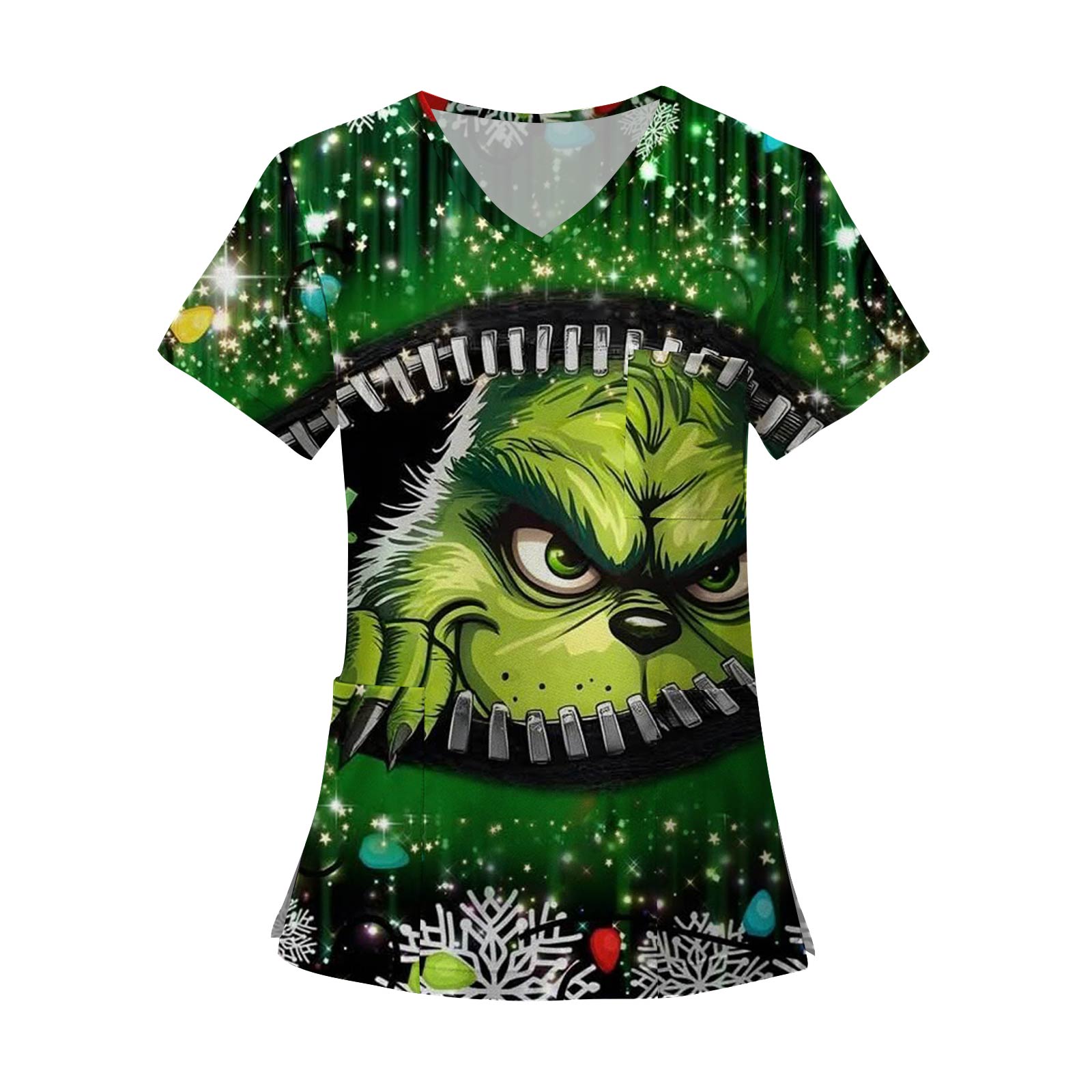 

Женские модные топы с короткими рукавами и V-образным вырезом с принтом, рабочие футболки с карманами S