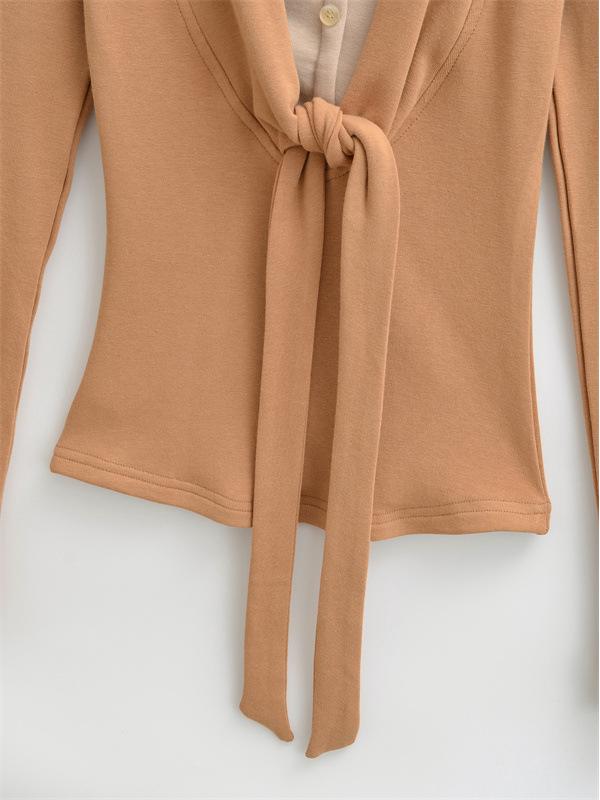 Women's Faux Cashmere Trendy Layered Long-Sleeve Tie-Up Top for Spring/Autumn