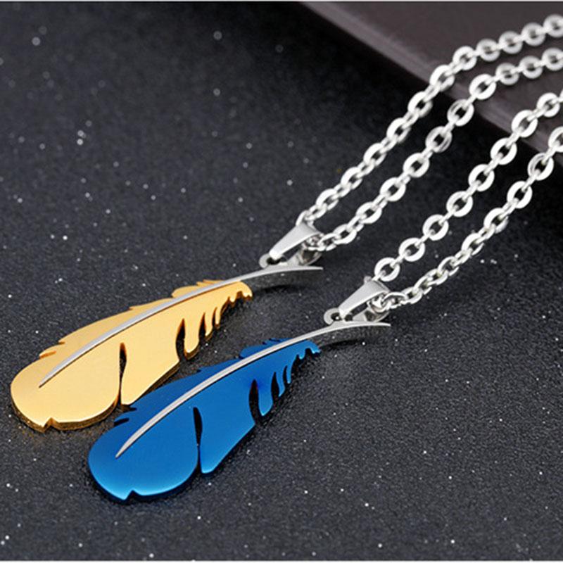 SCIONE Classic Titanium Steel Necklace Feather Pendant Pure Steel with Chain Couple Necklace
