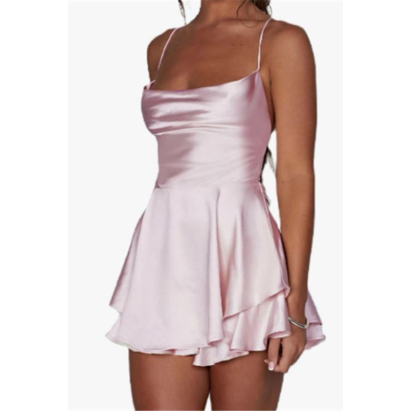

European and American Sexy Sling Open Back Satin Dress Short Skirt Female Sexy Satin Strap Mini Dress Pink M