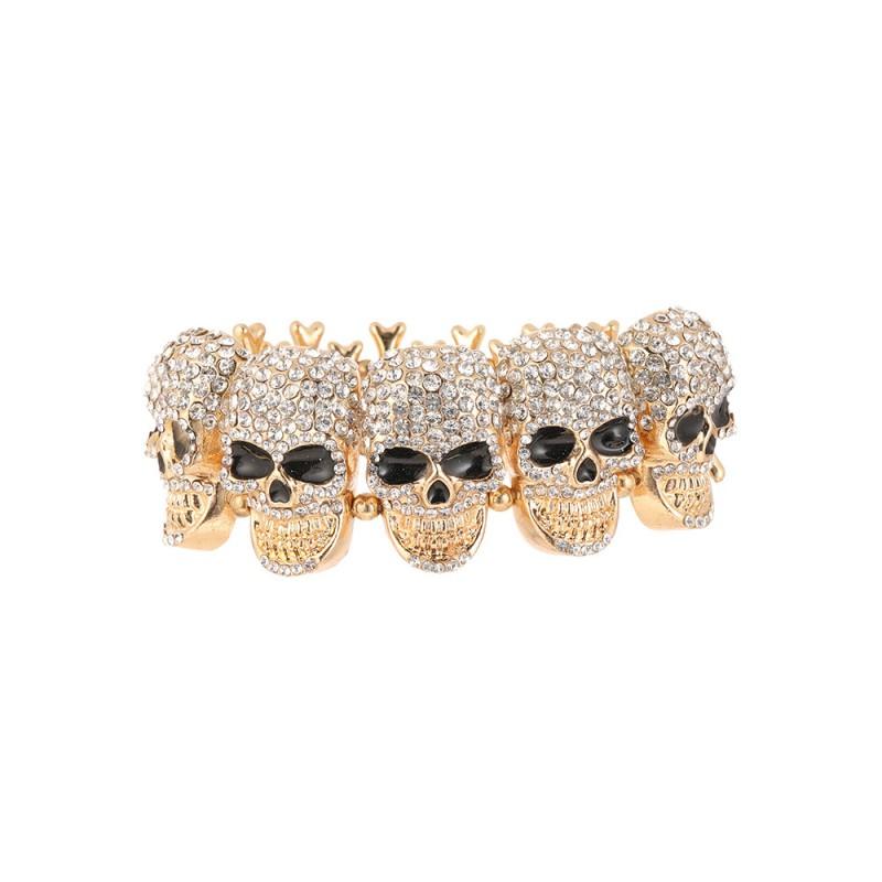 Punk Skull Rhinestone Bracelet Gold Tone Bone Chain Cuff Halloween Hip Hop Unisex Fashion Accessory