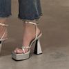 2025 Summer New Waterproof Table Cross-strap High Heels Empty Open-toed Platform Women Thick Heel Silver Sandals Women