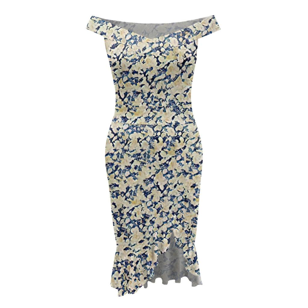 Sexy Damen-Kleid mit Batikdruck, seitlichem Schlitz, One-Neck, rückenfrei, unregelmäßigem Saum