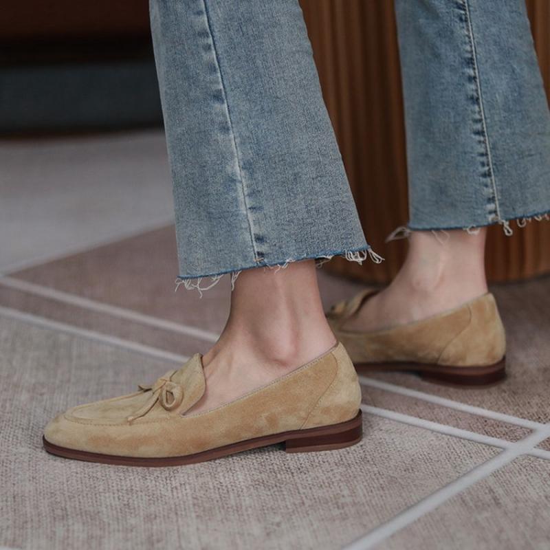 Fashion Spring/Autumn Women Loafers Sheep Suede Leather Shoes for Women Round Toe Chunky Heel Shoes Casual Bow-knot Low Heel Women Pumps