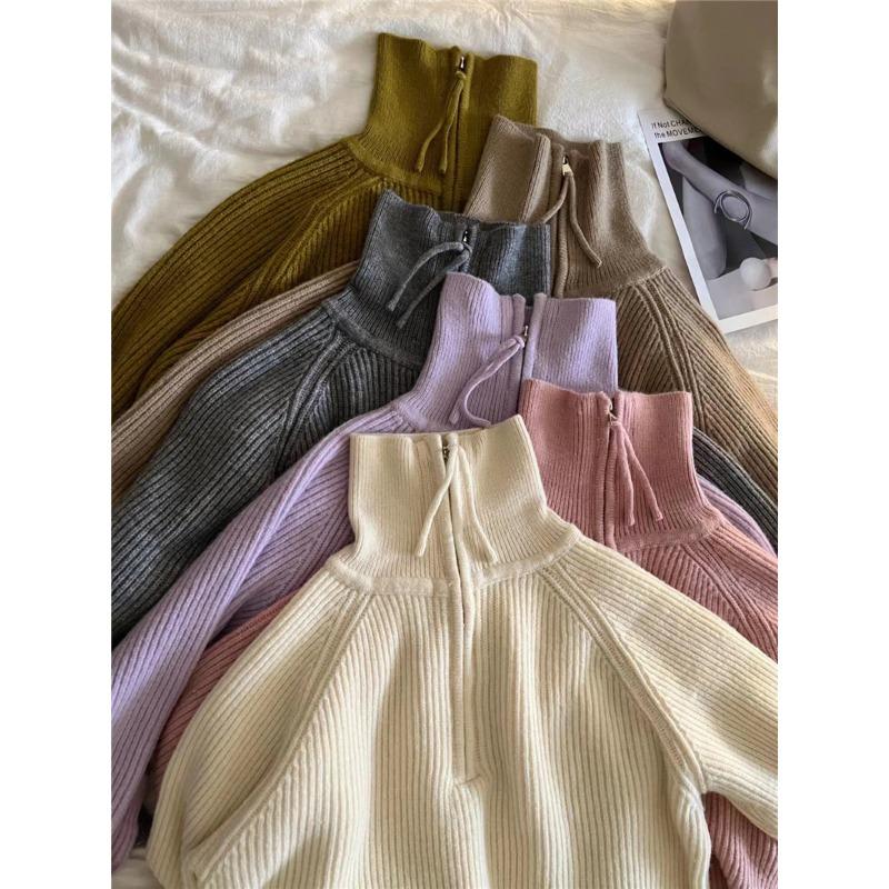 Autumn Winter Stand Collar Loose Casual Zipper Pullover Sweater Women Solid Color All-match Bottomed Knitting Top