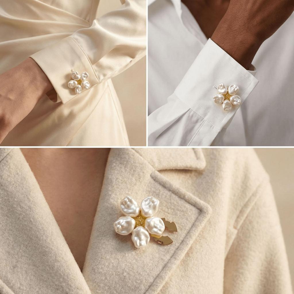 2Pcs Irregular Baroque Pearls Flower Button for Women Men Metal Geometry Safe Hijab No Hole Pins Shirt Scarf Buckle Accessories
