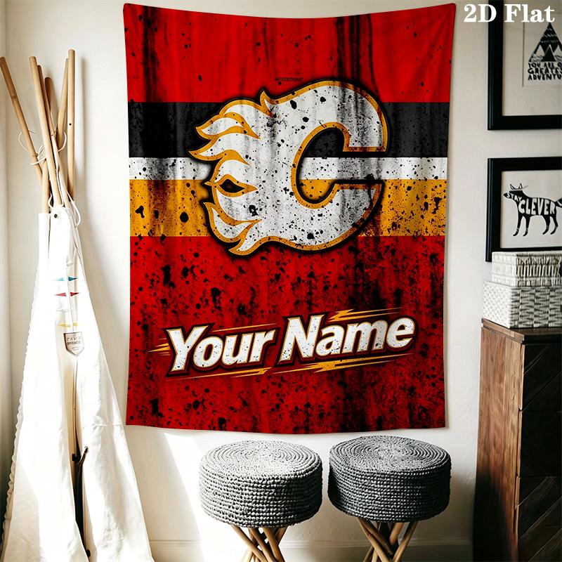 Name Custom Calgary Flames Logo Wall Tapestry Aesthetic Wall Hanging Printed Fabric Blanket Decorative Tapestries for Bedroom Living Room Home Decor