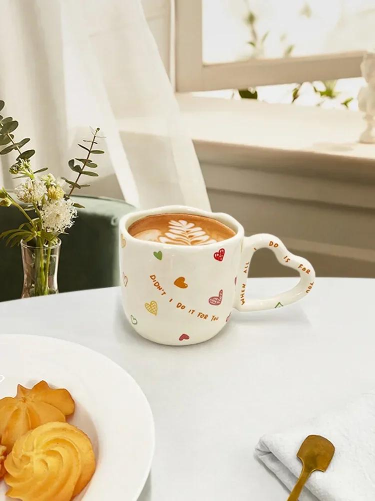 Creative Ceramic Coffee Mug Irregular Heart-shaped Handle Cute Hand Painted Pattern Mug Breakfast Milk Oatmeal Tea Cup Drinkware
