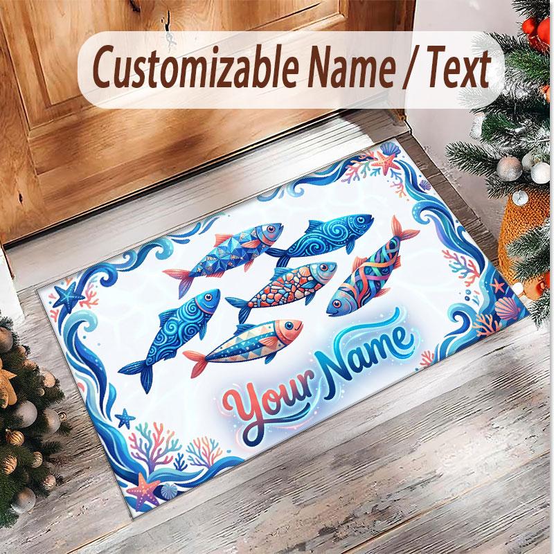 Fish Ocean Theme Soft Crystal Velvet Rug Custom Name & Text Print Non Slip Floor Rug for Bedroom Living Room