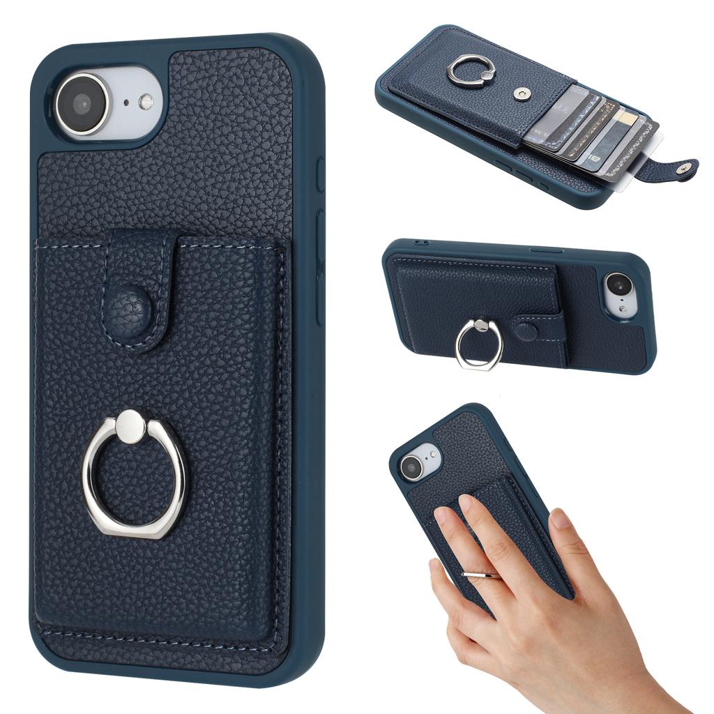 For iPhone 16e Case with Ring Kickstand Drawing Type Card Slots Leather Back Cover