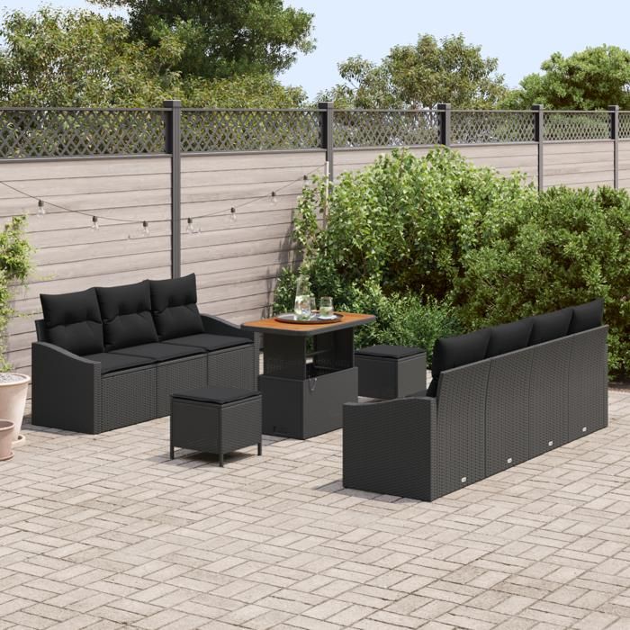 Ensemble de Canapés de Jardin vidaXL 10 pièces avec coussins noir en rotin synthétique acacia, Canapé de jardin 2 places 3364569