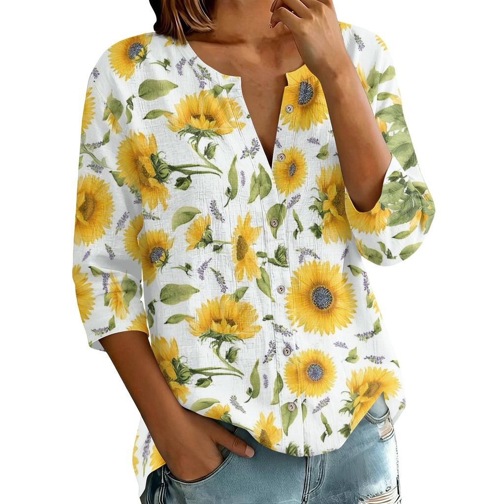 Women's Vintage Floral Print Henley Button Neck Three Quarter Sleeve Cotton Linen Shirt Lightweight Casual Blouse for Daily Wear