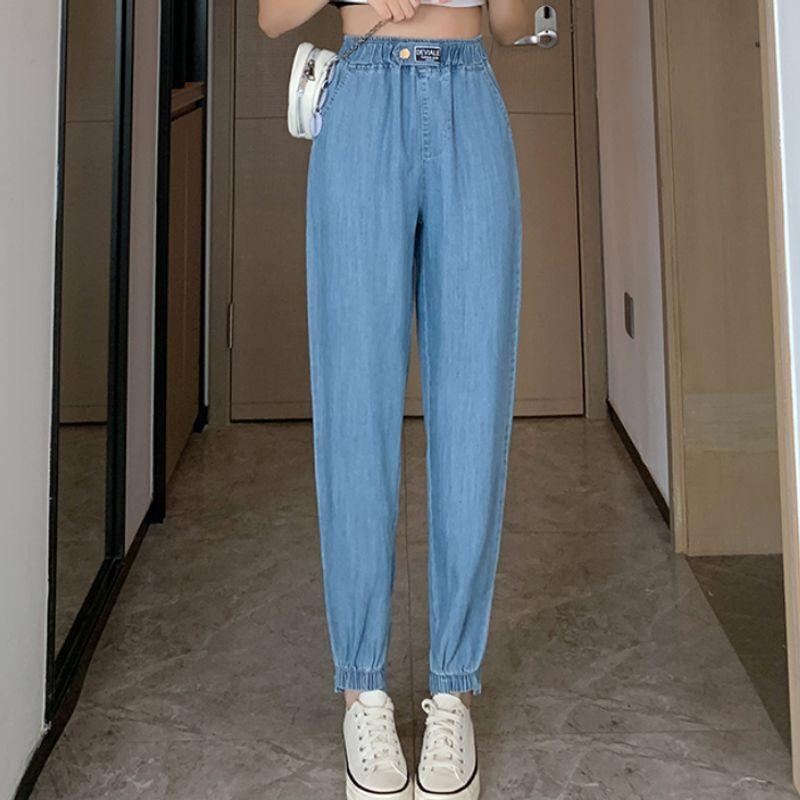 

Женская одежда больших размеров Летние Новые Лиоцелл Деним Тонкие Утягивающие Капри Брюки-шаровары Брюки-морковь Модные M-5XL Light blue XL