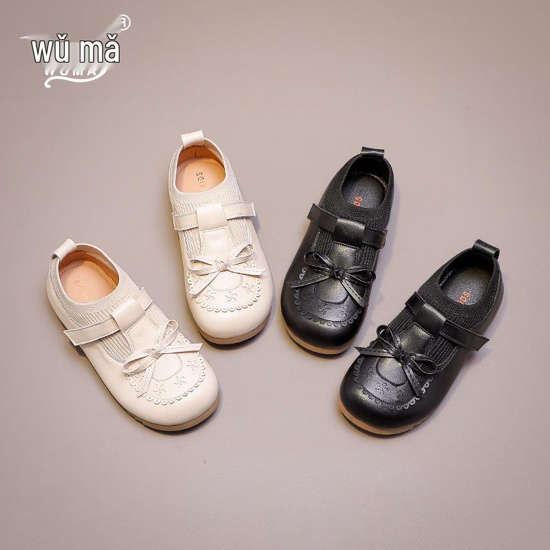 Wuma 2025 Girls' Princess Bow Shoes - New Spring/Fall Soft Sole Leather Flats
