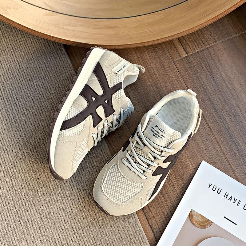 Women's Shoes 2025 Spring New Spring Round Head Lace-up Mesh Breathable Flat Bottom College Student Mesh Sports and Leisure Shoes