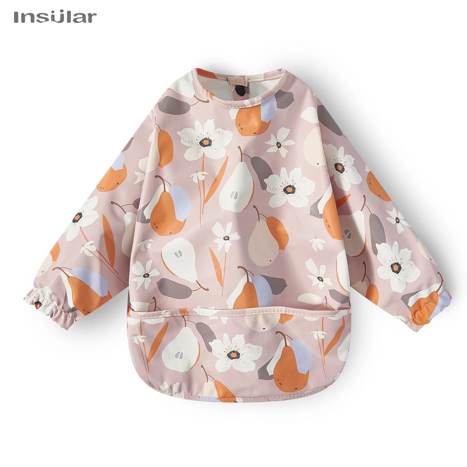 New Children Feeding Aprons Long sleeve Baby bib with Pocket Full Cover Baby Bibs with Pocket waterproof long sleeve bibs S(6-12M)