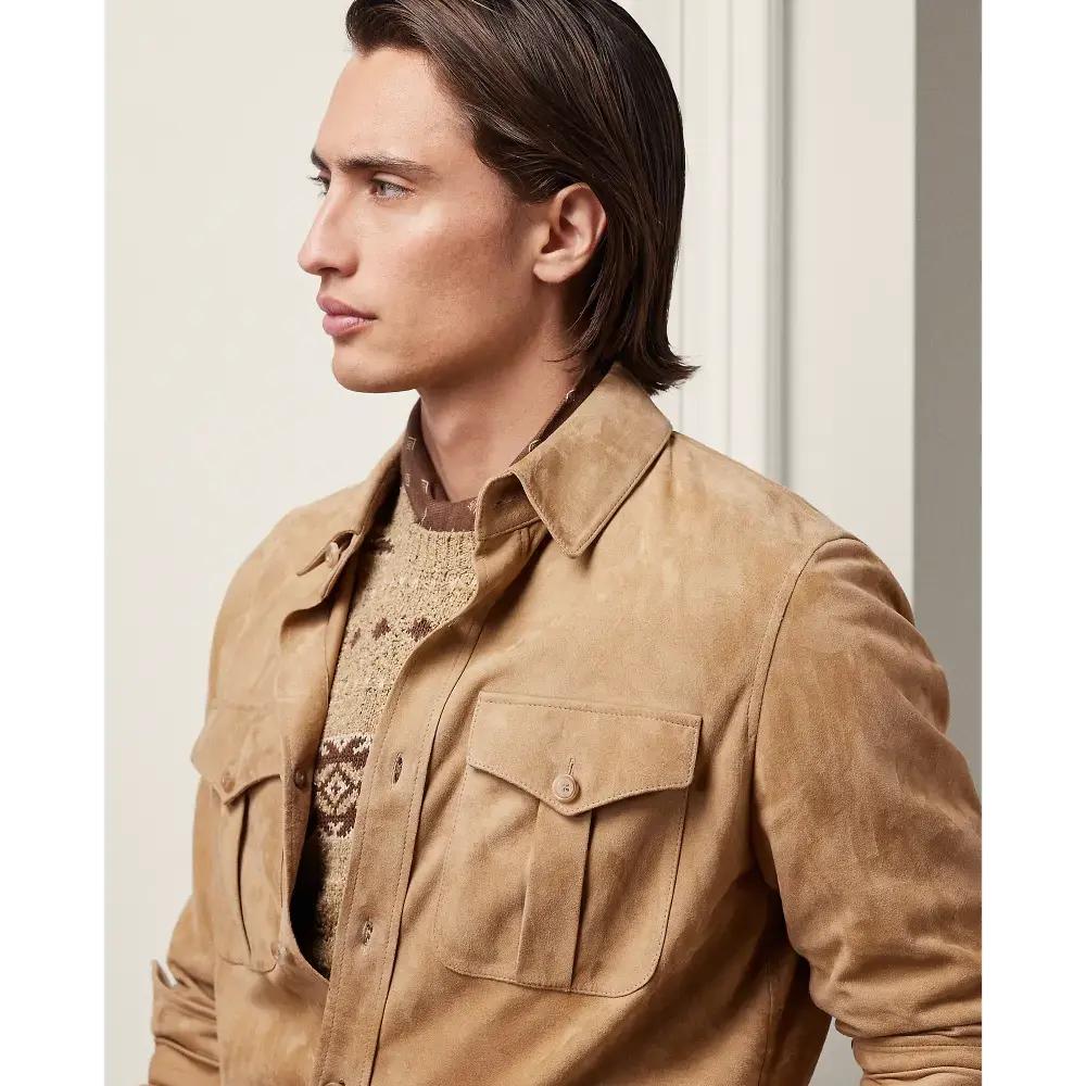 AL KHALID Stylowa męska koszula z naturalnej skóry jagnięcej, wykonana ręcznie w kolorze brązowym, casualowa, miękka, zamszowa