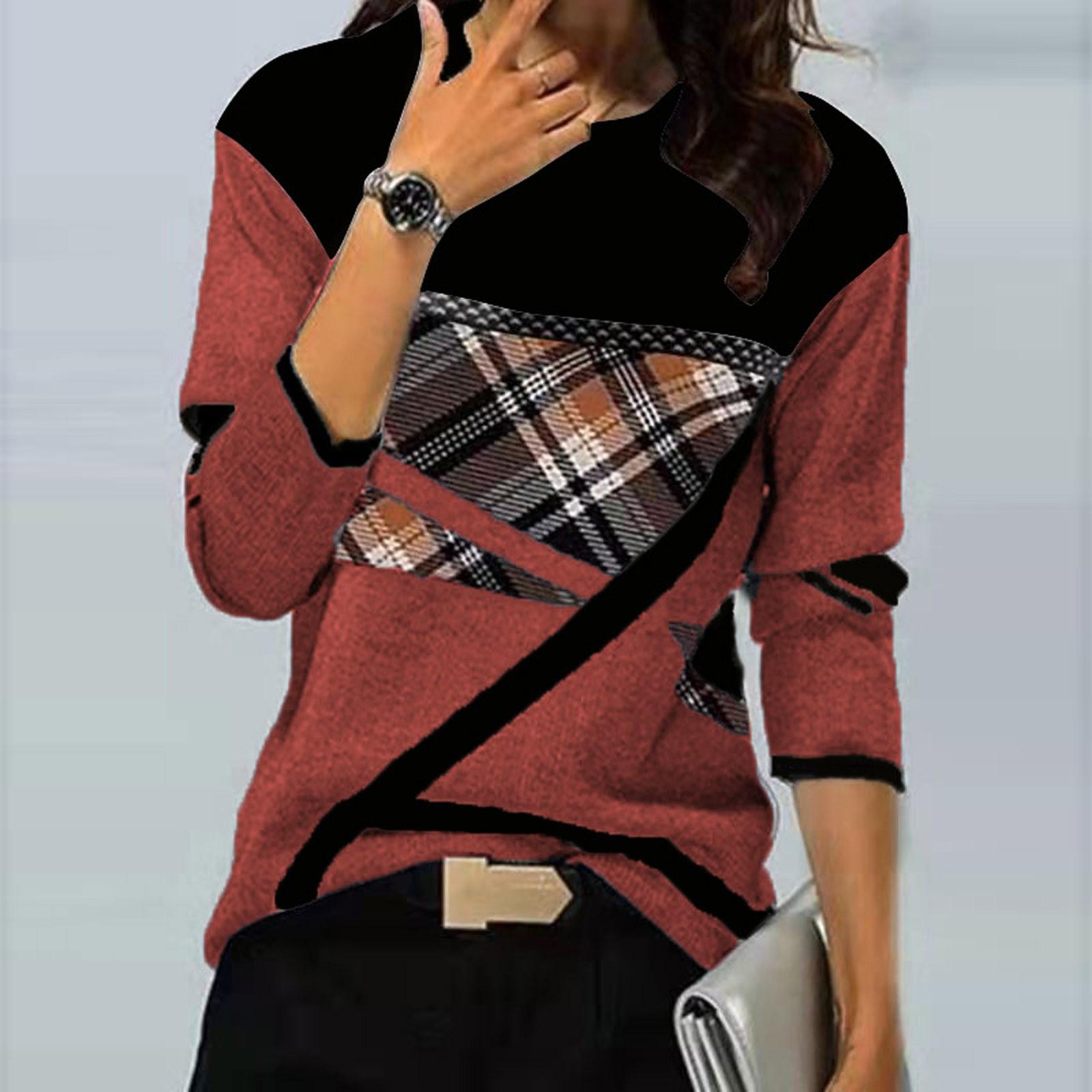 

Женские топы Нарядные повседневные рубашки с длинными рукавами с круглым вырезом и клетчатым принтом Повседневные туники Блузки Топы XXXXXL винный