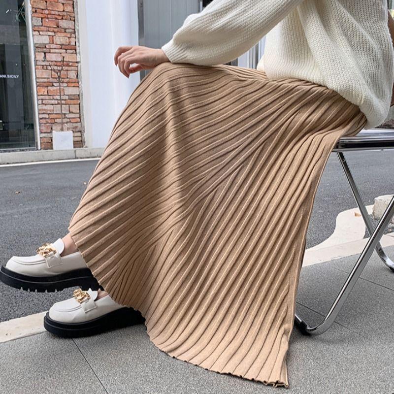 Autumn Winter Simple Classic Warm Female Knit Long Skirt Pleated Skirt Women High Waist Slim Vintage A-Line Skirt