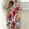 Women Plus Size Off Shoulder Short Sleeve Printed Tie Cuff A Line Dress