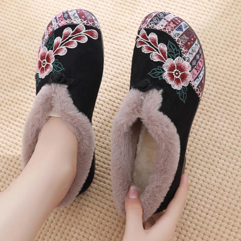 Fashion Women Short Plush Warm Winter Cotton Shoe Ethnic Embroidered Round Toe Flat Heeled Loafers Comfort Non-Skid Retro Mom Shoes