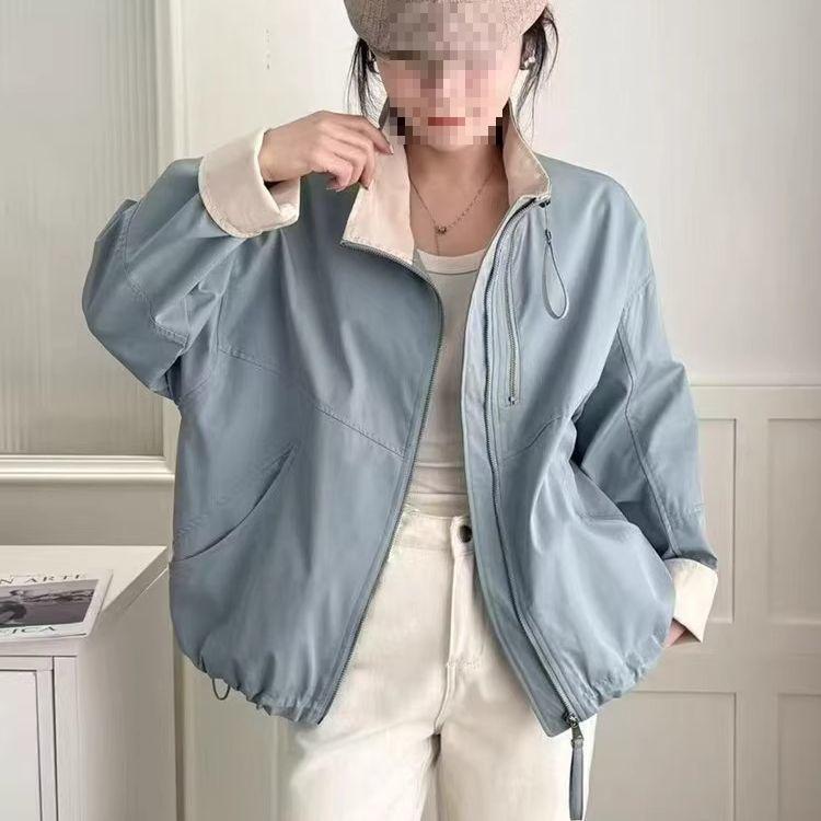 European Style Stand Collar Double Zipper Women's Color Block Jacket - 2025 Spring Casual Loose Fit