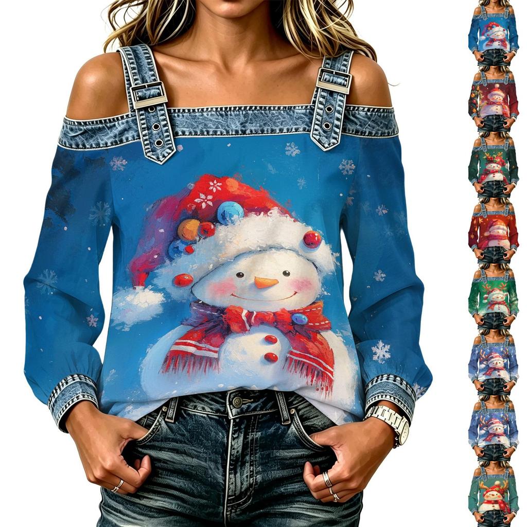 Women's Casual Off-Shoulder Long Sleeve Christmas Print Top for Holiday Parties