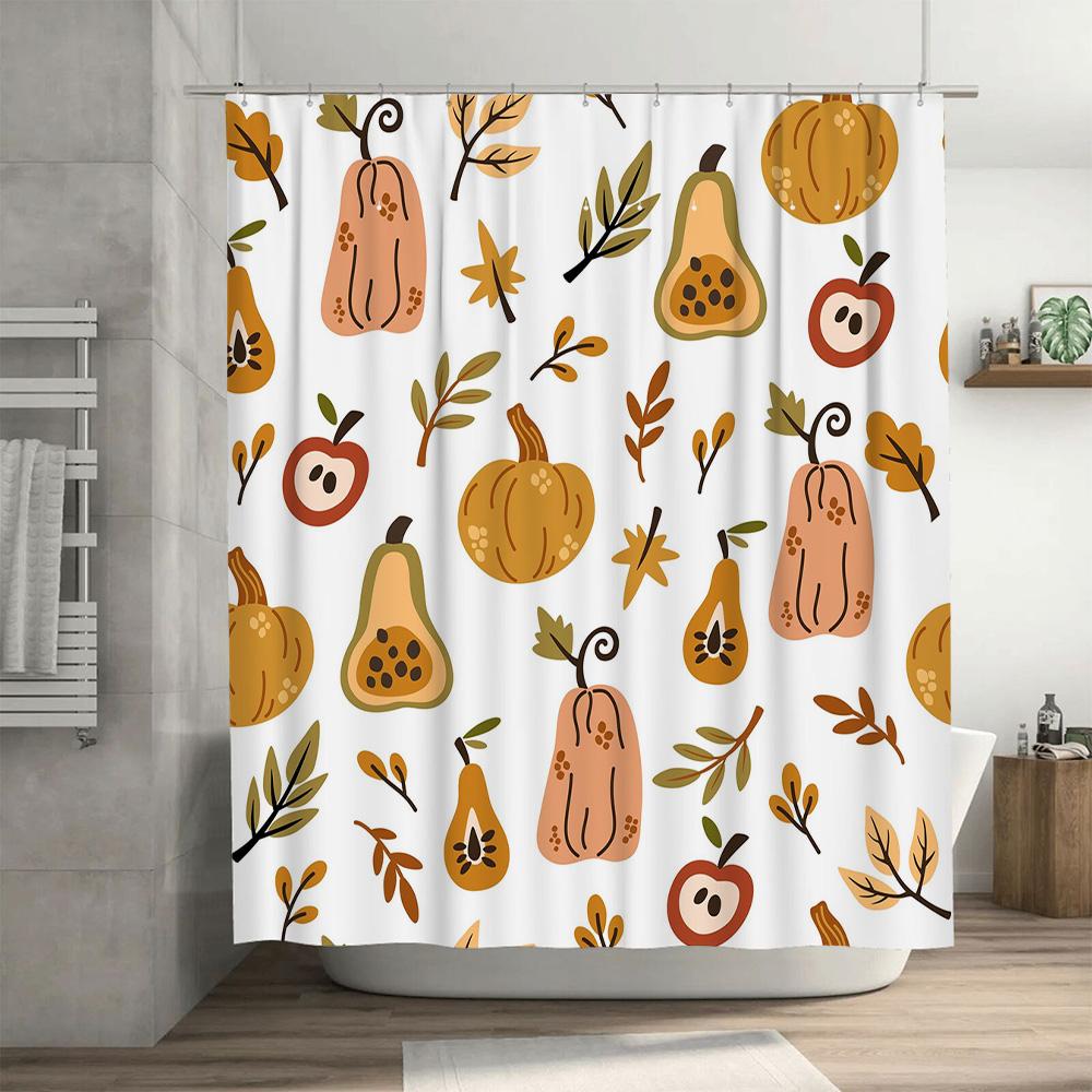 Vibrant Fall Fruits Shower Curtain Autumn Leaves Decor for Bathroom Pink Pumpkin Pears Print Bath Mat Decoration Cover Set