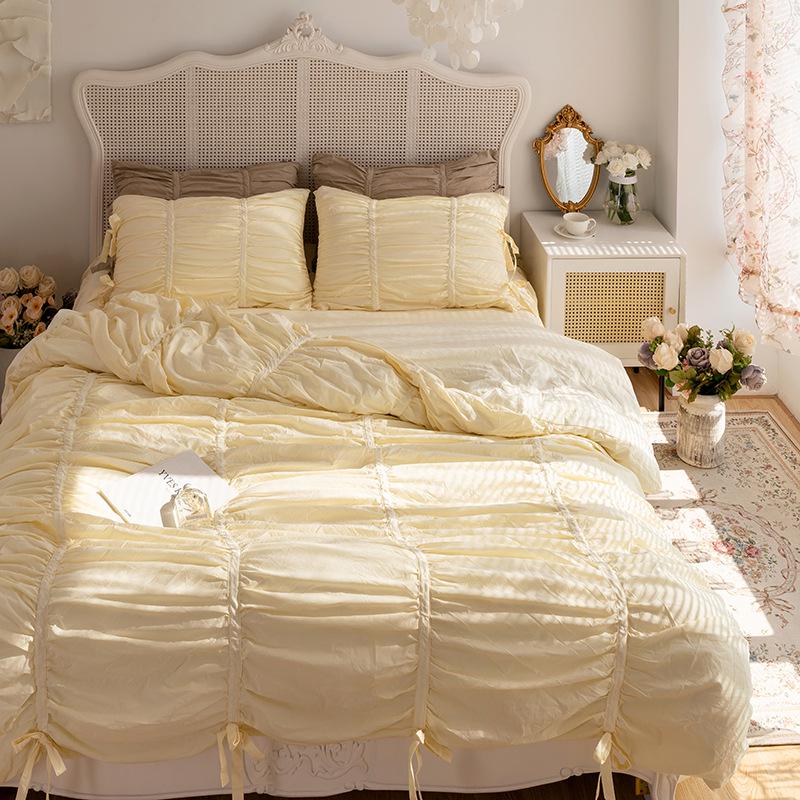 Ins-Style Korean Ruffled Princess Pure White Cotton Bedding Set - Single/Double 1.5m Fitted Sheet