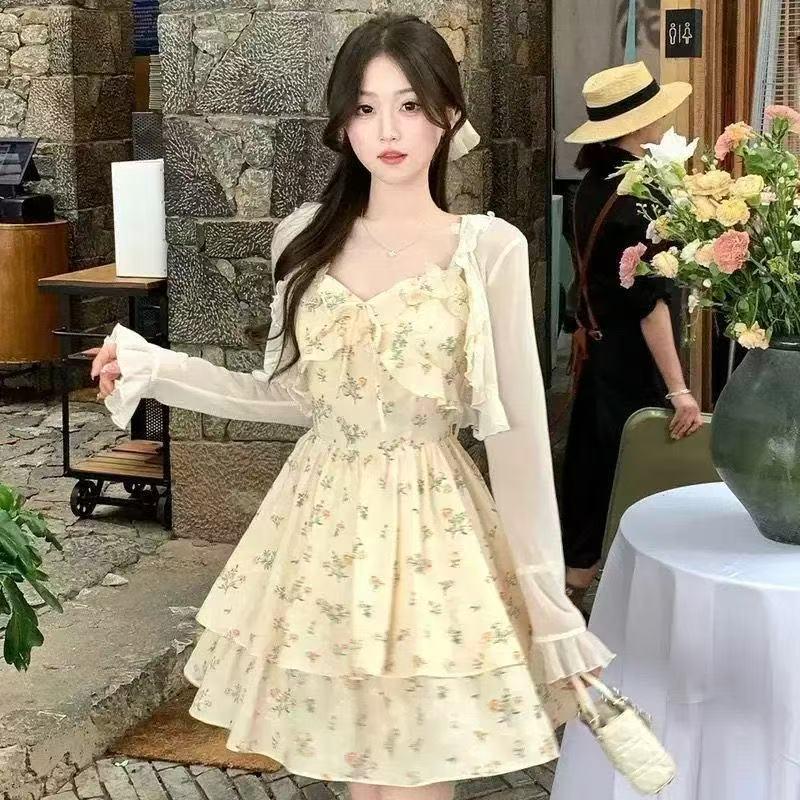 Sweet & Spicy Floral Patchwork Camisole Dress Set with Sun Protection Cardigan L