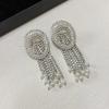 Retro Shiny Crystal Chain Pearl Tassel Oval Earrings Luxury Temperament Ear Jewelry