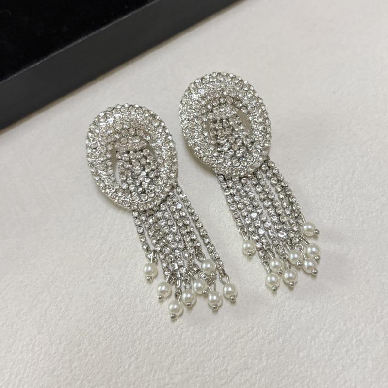 Retro Shiny Crystal Chain Pearl Tassel Oval Earrings Luxury Temperament Ear Jewelry
