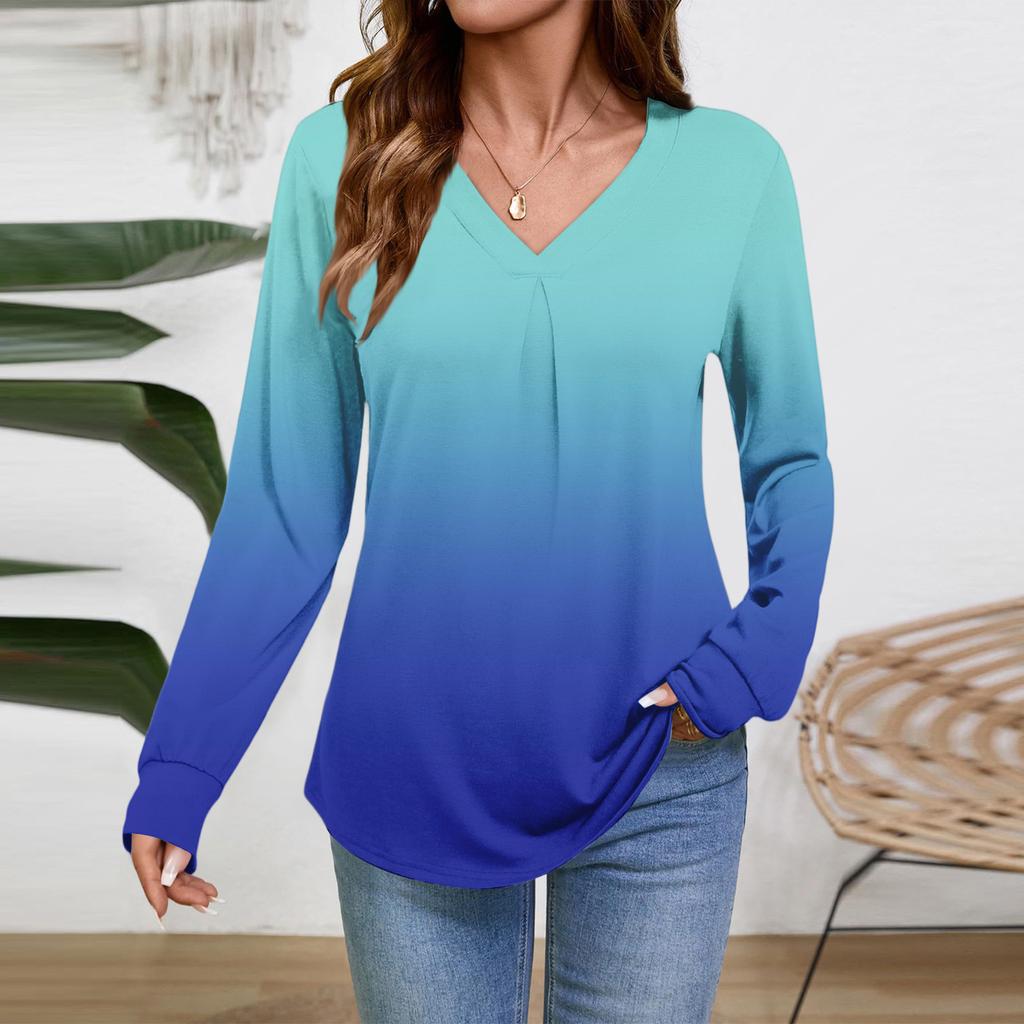 Damen Langarm Tops Schick Lässig V-Ausschnitt T-Shirts Basics Tee Urlaub Herbstmode Kleidung