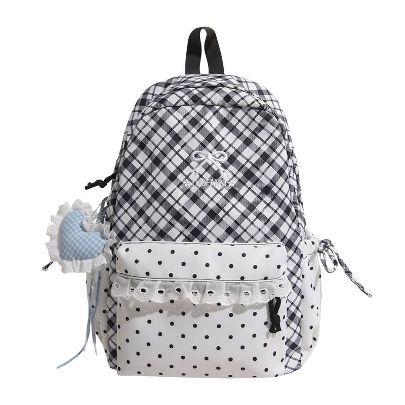 Cute Gingham Polka Dot School Backpack with Bow Detail Lace Trim Lightweight Zipper Daypack for Teen Girls Travel