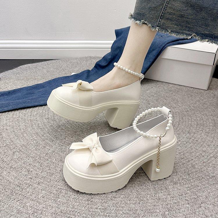 

High-heeled Mary Jane shoes 2024 new fashion bow thick-soled thick-heeled pearl with skirt small leather shoes women 40 бежевий