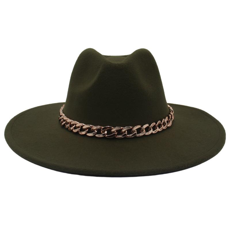 Big Brim Gold Acrylic Chain Felt Hat Solid Color Cashmere Jazz Hat French Top Hat