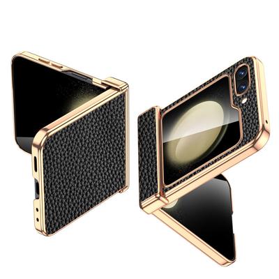 Cowhide Leather Phone Case for Samsung Galaxy Z Flip6 Flip5 Flip 6 5 ZFlip5 Luxury Hinge Protection Cover with Tempered Glass