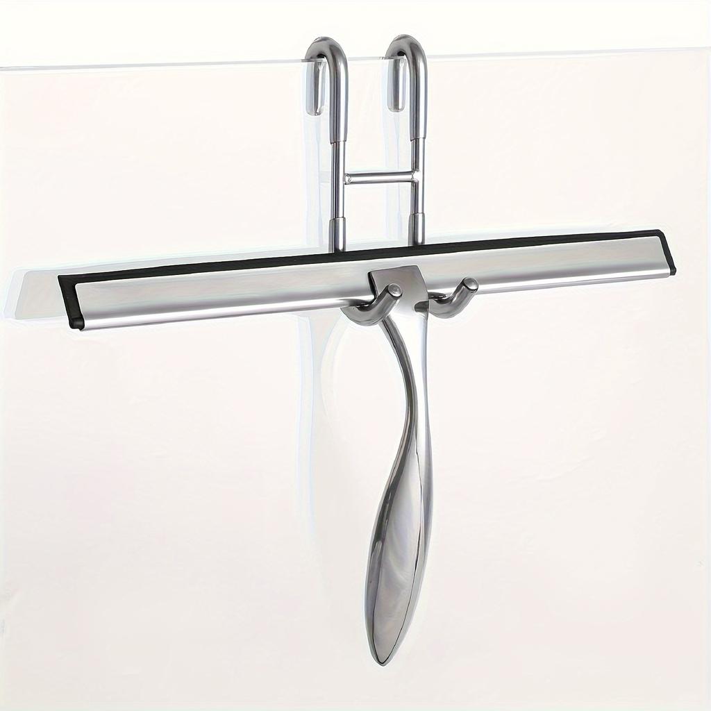 1set Stainless Steel Shower Squeegee with Silicone Blade &Ergonomic Handle - Rust-Resistant Bathroom, Kitchen, Car Glass Cleaner-Includes Hooks Holder
