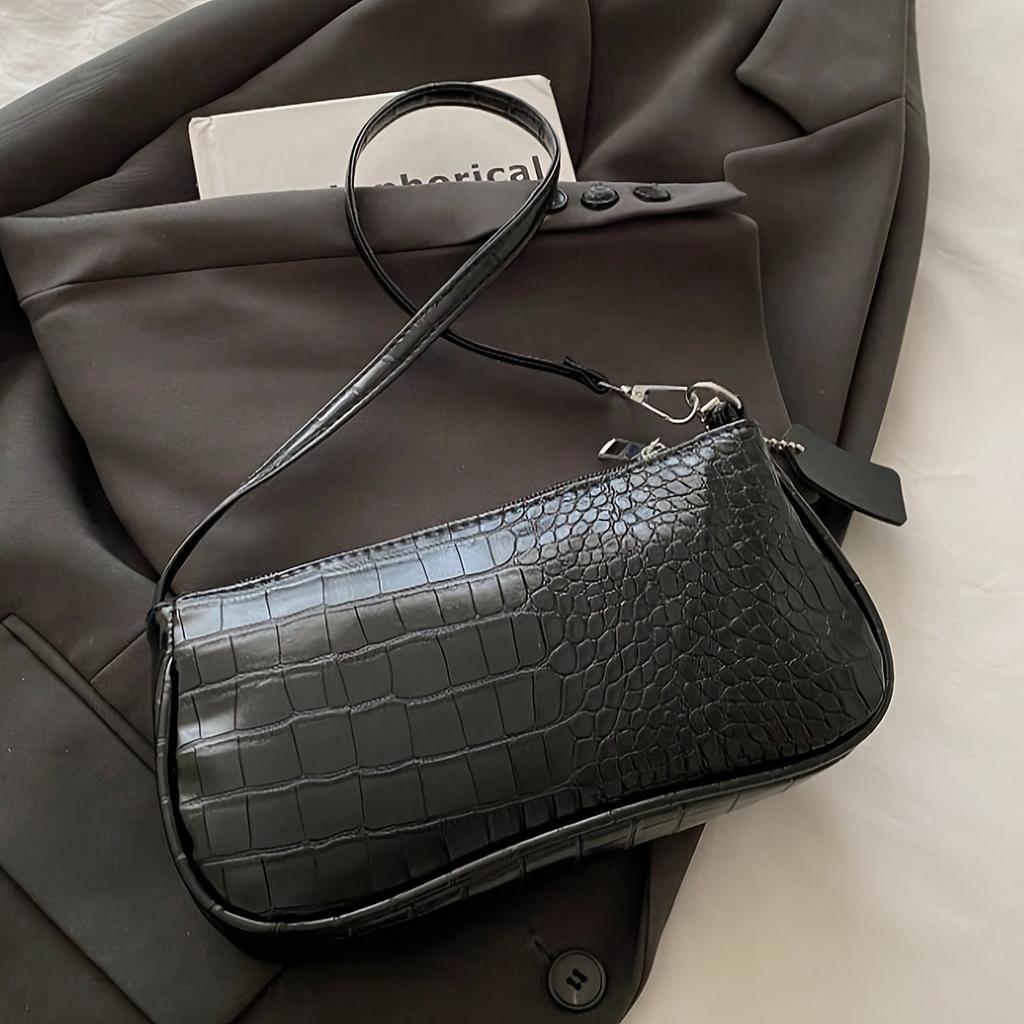 Women's shoulder bag, crocodile-embossed design, Korean style women's underarm tote bag, simple and casual crescent-shaped bag.