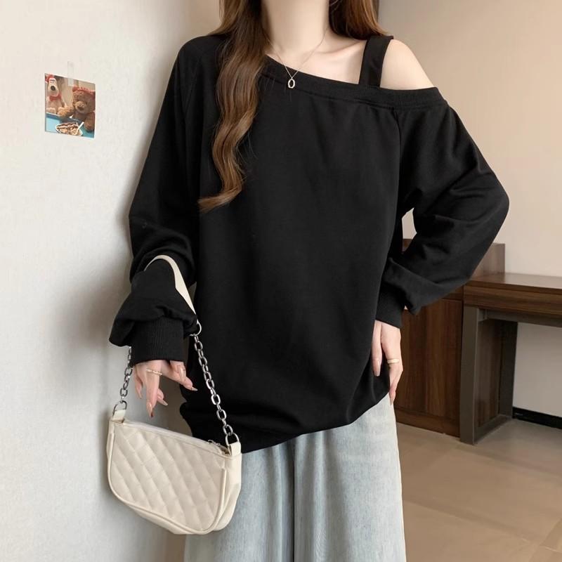 

Свитер с косым вырезом, открывающим плечо, женский осенне-зимний флисовый утолщенный новый свободный топ с длинным рукавом и одежда 2XL