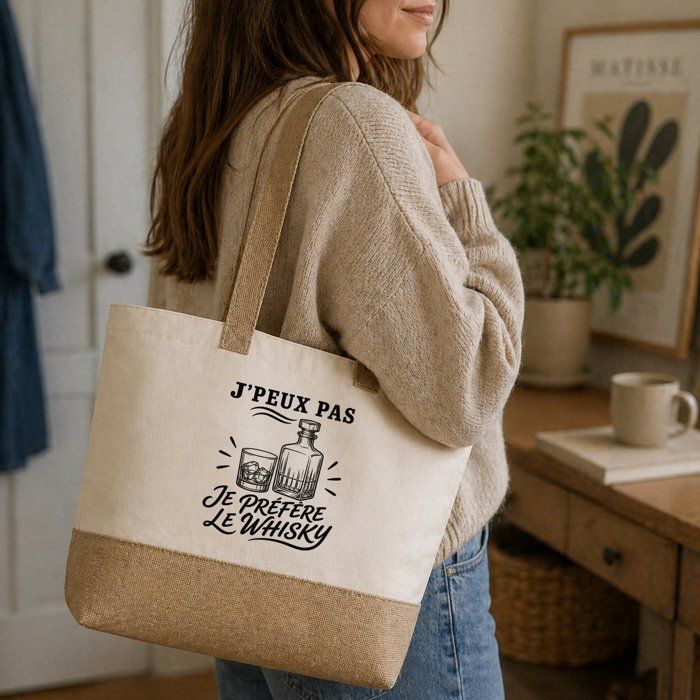 Sac J’peux pas je préfère le Whisky J'peux pas minimaliste | Cabas en Coton avec Fond Jute 18 L 48 × 37 × 13 cm | Marché Shopping