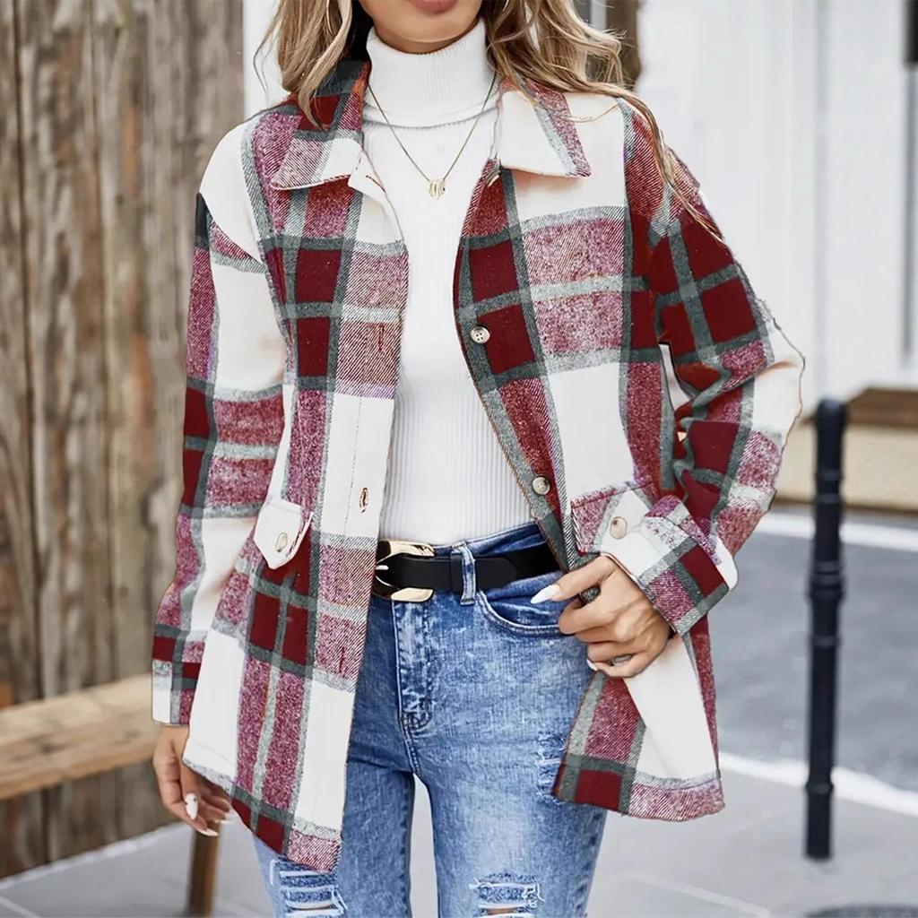 Women's Fashion Plaid Lapel Single Breasted Long Sleeved Shirt Jacket