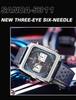 Sanda Men's Chronograph Quartz Watch: Square Dial, Three Eyes, Six Hands, Luminous, Calendar, Waterproof.
