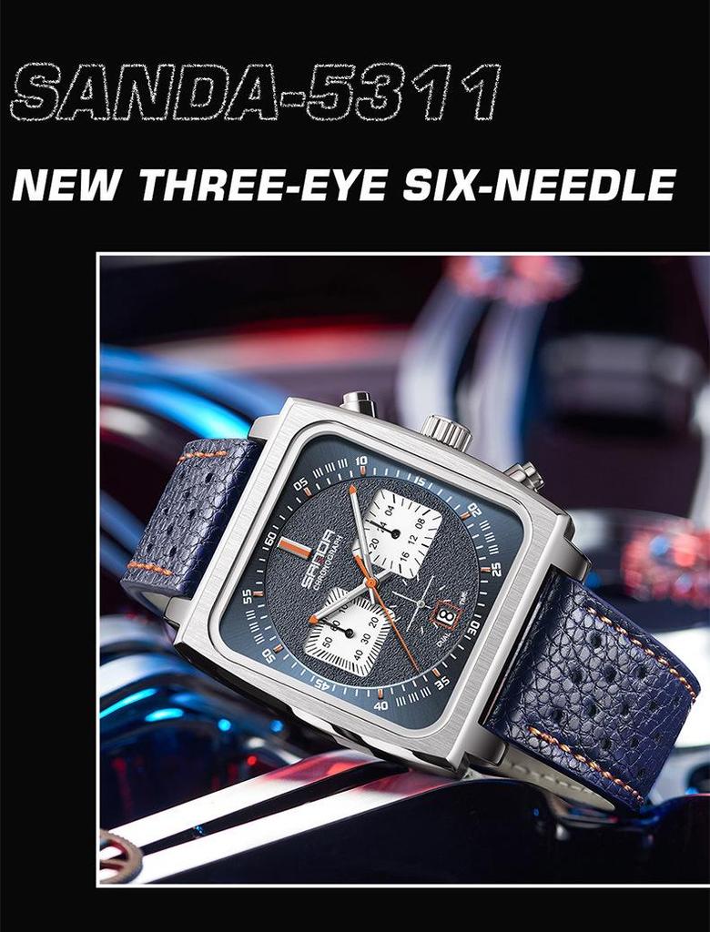 Sanda Men's Chronograph Quartz Watch: Square Dial, Three Eyes, Six Hands, Luminous, Calendar, Waterproof.