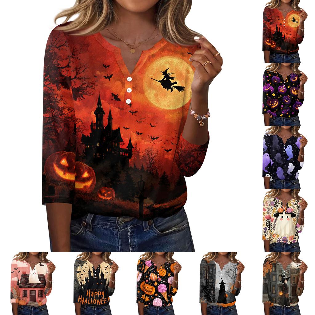 Women's Casual Halloween Print V Neck Button Front Three Quarter Sleeve T Shirt Top Lightweight Soft Fabric Comfortable Fit