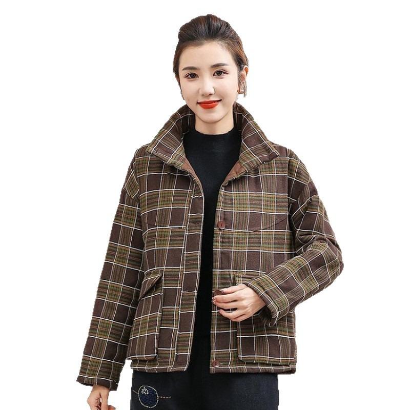 Winter new loose cotton-padded clothes stand-up collar cotton-padded jackets plaid women's cotton-padded clothes thickened warm jackets