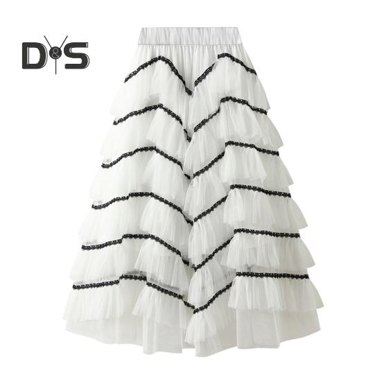 Women Skirt High Waist A line Big Swing Ruffle Contrast Color Scattered Hem Pleated Patchwork Princess Style Elastic Waist Ankle Length Maxi Skirt