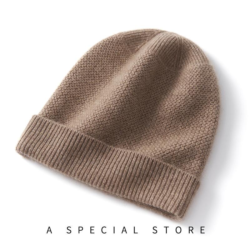 Cashmere Autumn and Winter Unisex High End Solid Color Knitted Outdoor Warm Heavyweight Thread Casual Cuff Hat